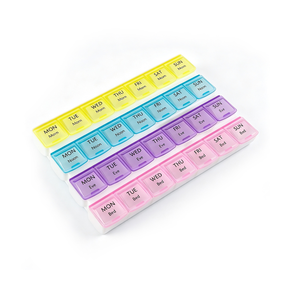 Pang-araw-araw na Lingguhang Pill Organizer 4 na Kompartamento Bawat Araw, 7 Araw AM PM Bisperas ng Oras ng Pagtulog Lalagyan ng Medication Color Coded, Malaking Capacity Pill Case para sa mga Matatanda, Paglalakbay, Mga Bitamina at Pills